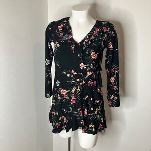 Black and Pink Floral Wrap Dress